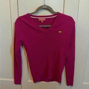 Elegant Fuchsia V-Neck Cable Knit Sweater